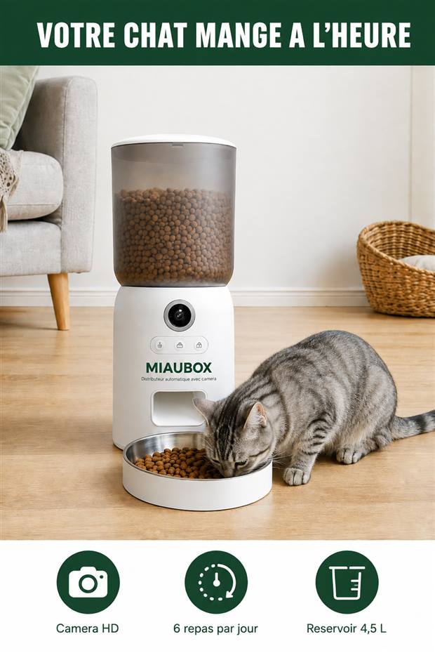 Photo produit générée par SellerScale : distributeur automatique de croquettes MIAUBOX et un chat qui mange