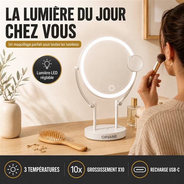 Photo produit générée par SellerScale : miroir de maquillage lumineux ORVANE sur une coiffeuse