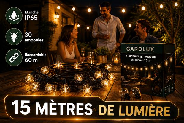 Photo produit générée par SellerScale : guirlande guinguette d'extérieur GARDLUX allumée sur une terrasse