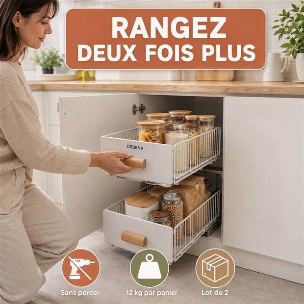 Photo produit générée par SellerScale : paniers de rangement de cuisine ORDENA installés sous un plan de travail