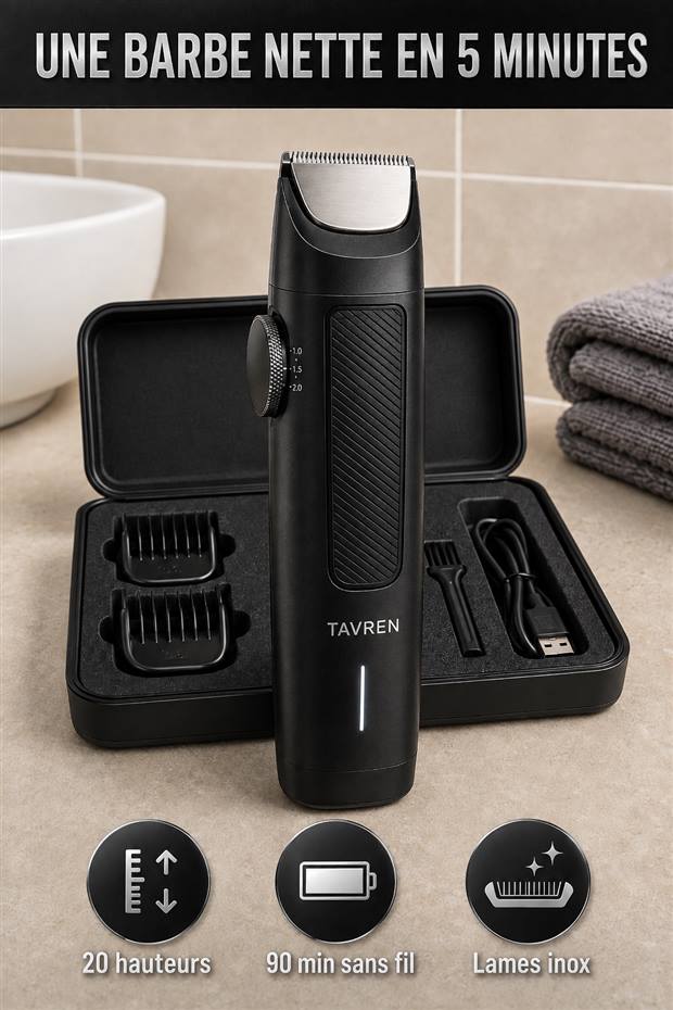 Photo produit générée par SellerScale : tondeuse à barbe TAVREN et son coffret d'embouts