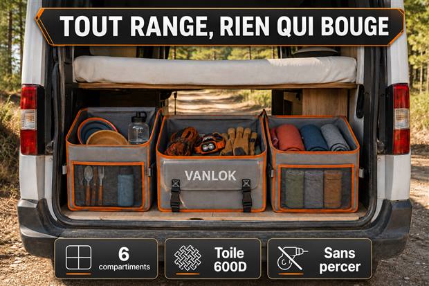 Photo produit générée par SellerScale : organiseur de coffre VANLOK installé dans un van aménagé