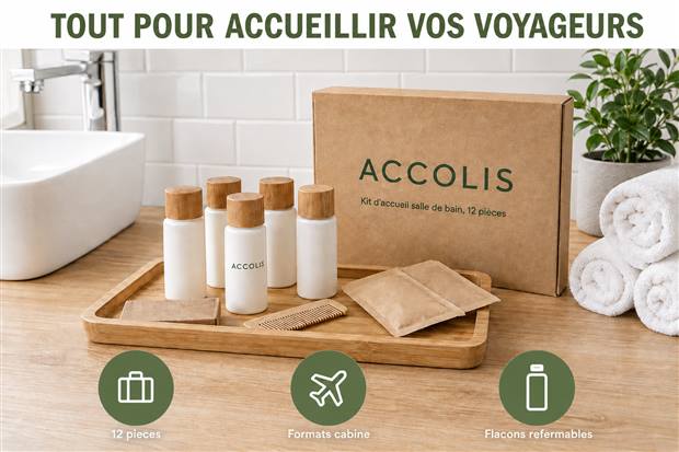 Photo produit générée par SellerScale : kit d'accueil de salle de bain ACCOLIS pour une location courte durée