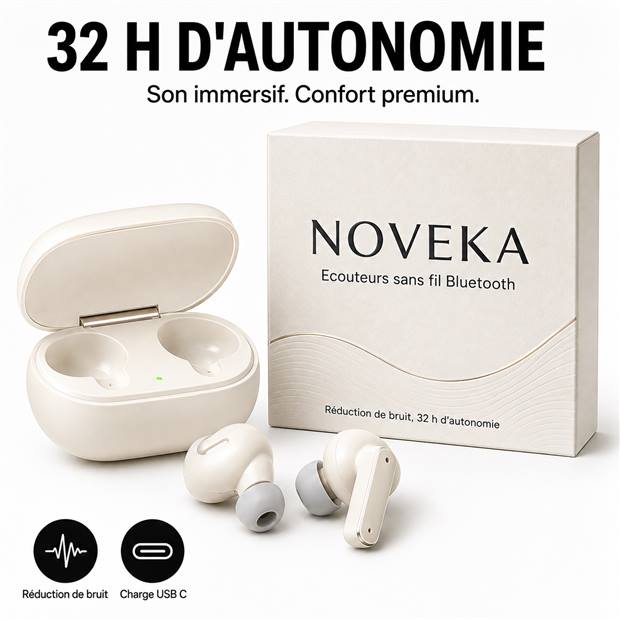 Photo produit générée par SellerScale : écouteurs sans fil NOVEKA et leur emballage