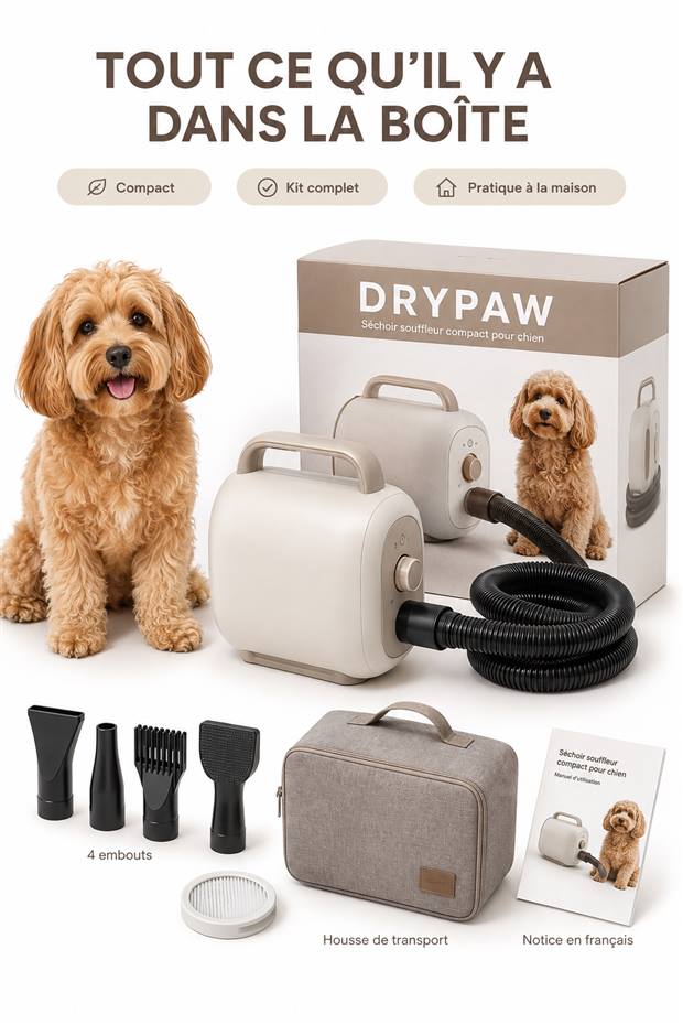 Photo produit générée par SellerScale : contenu de la boîte du séchoir pour chien PELUXO