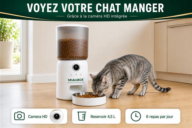 Photo produit générée par SellerScale : distributeur de croquettes MIAUBOX vu de face