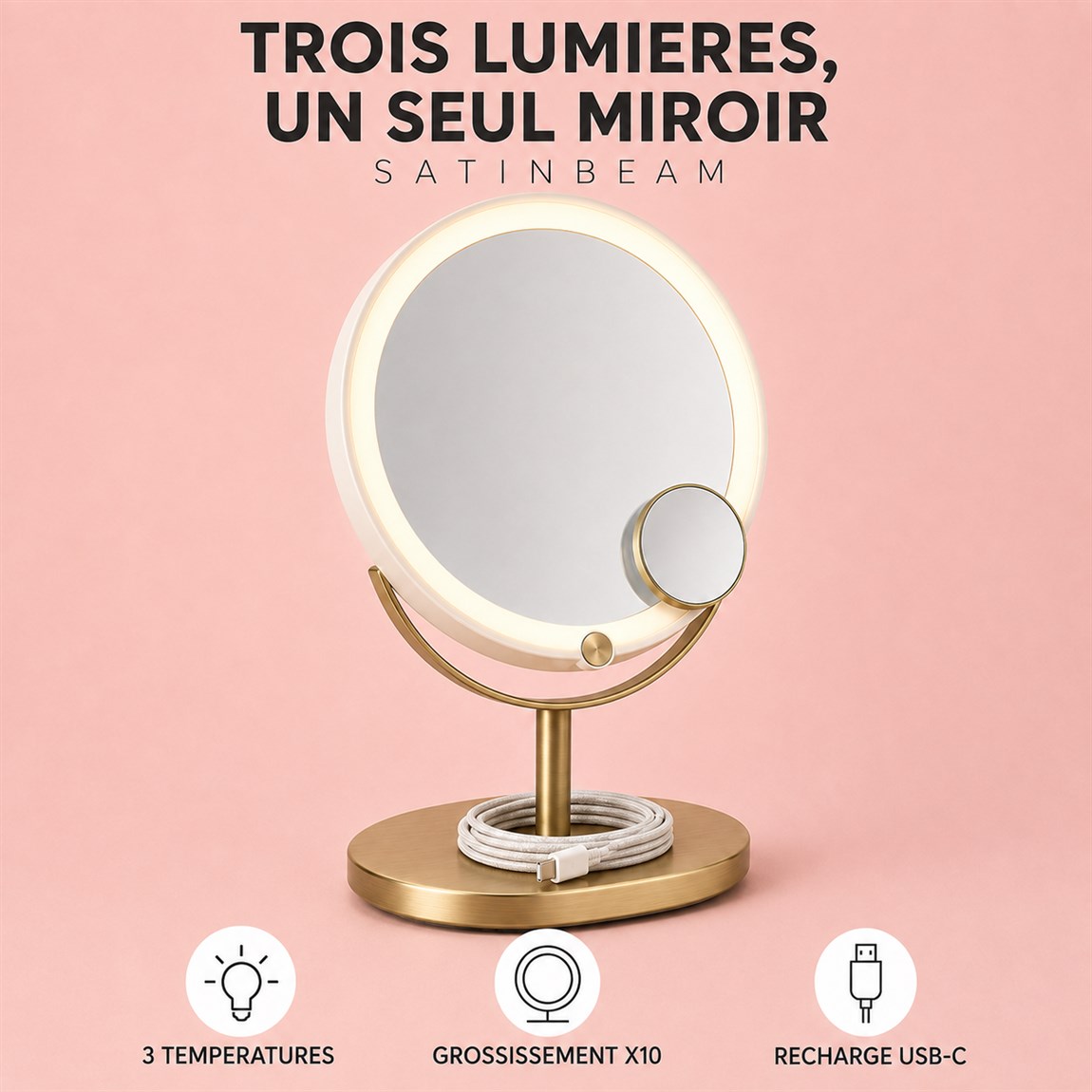 Photo produit générée par SellerScale : miroir de maquillage SATINBEAM et ses trois températures de lumière